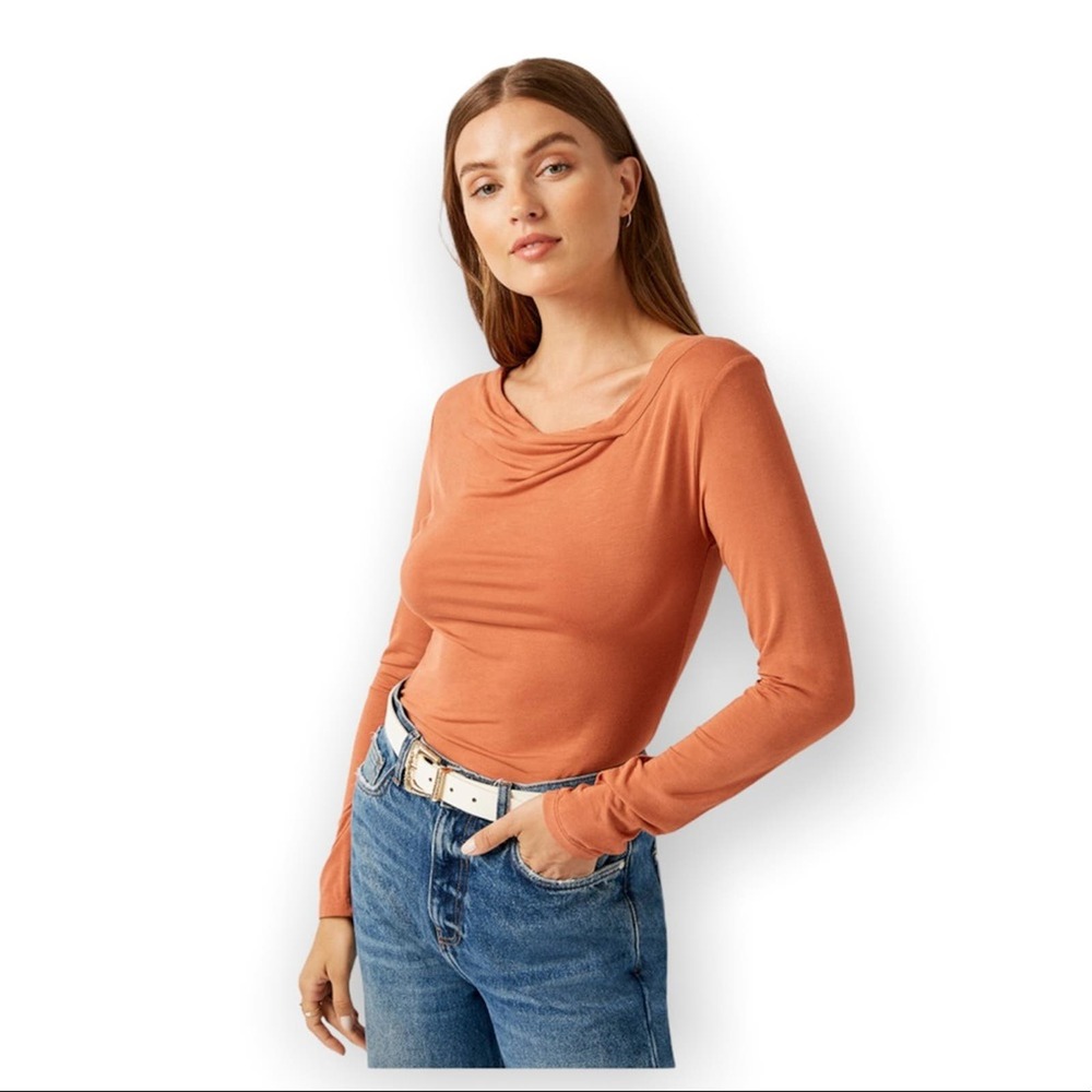 AG Adriano Goldschmeid | Burnt Orange Drape Neck Lightweight Long Sleeve Shirt •